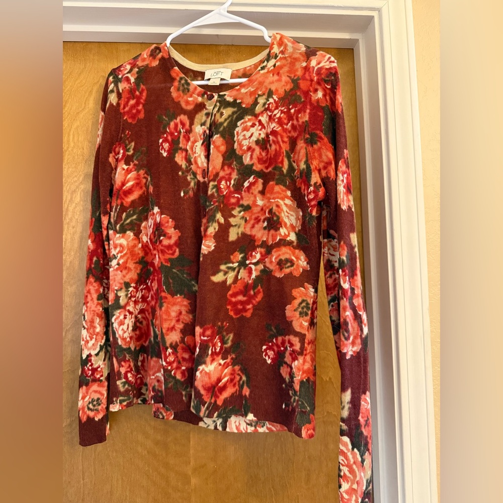 Ann Taylor Floral Cardigan in Red and Pink
